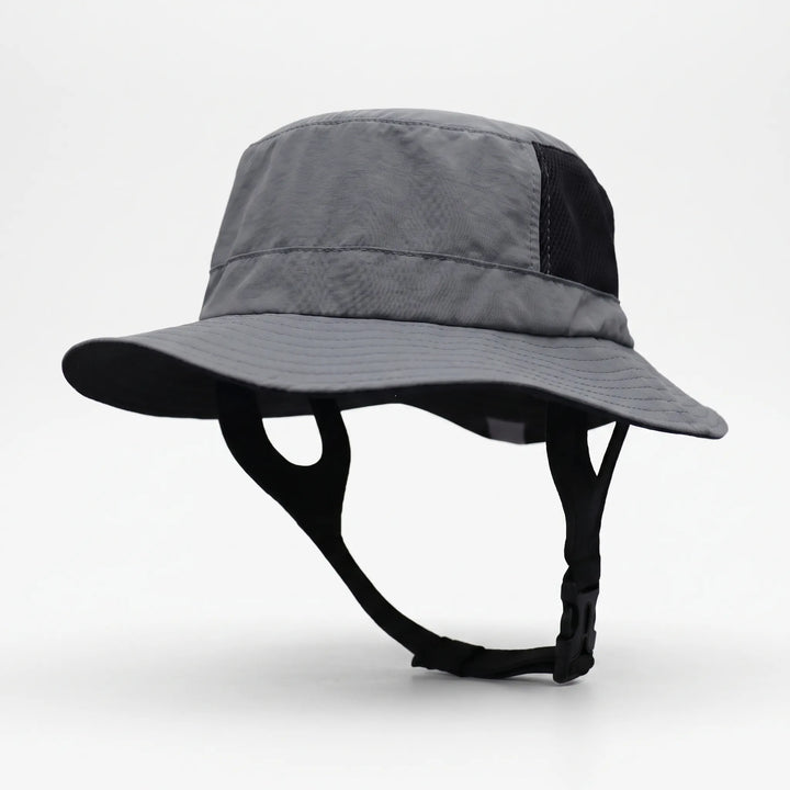 Outdoor unisex ventilated bucket hat. Wide brim & adjustable strap for sun protection during surfing, hiking, fishing.