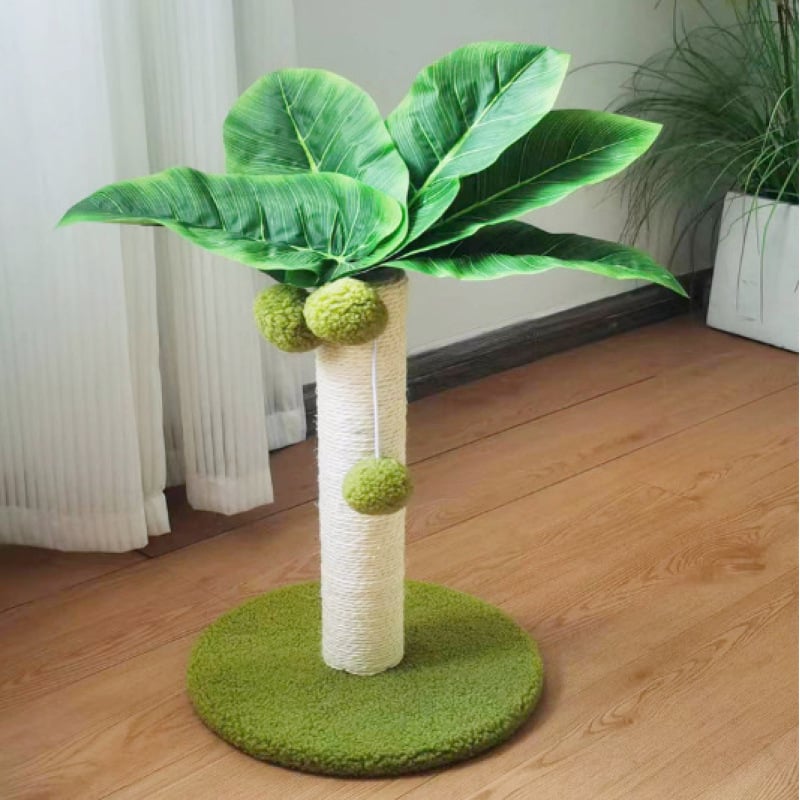 Green palm tree cat scratcher with sisal trunk, interactive play balls, durable pet furniture
