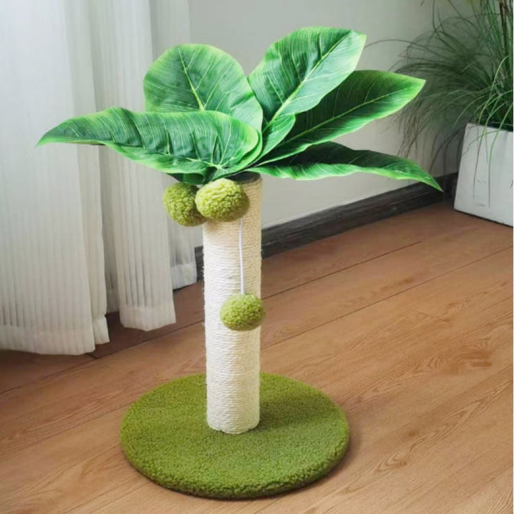 Green palm tree cat scratcher with sisal trunk, interactive play balls, durable pet furniture