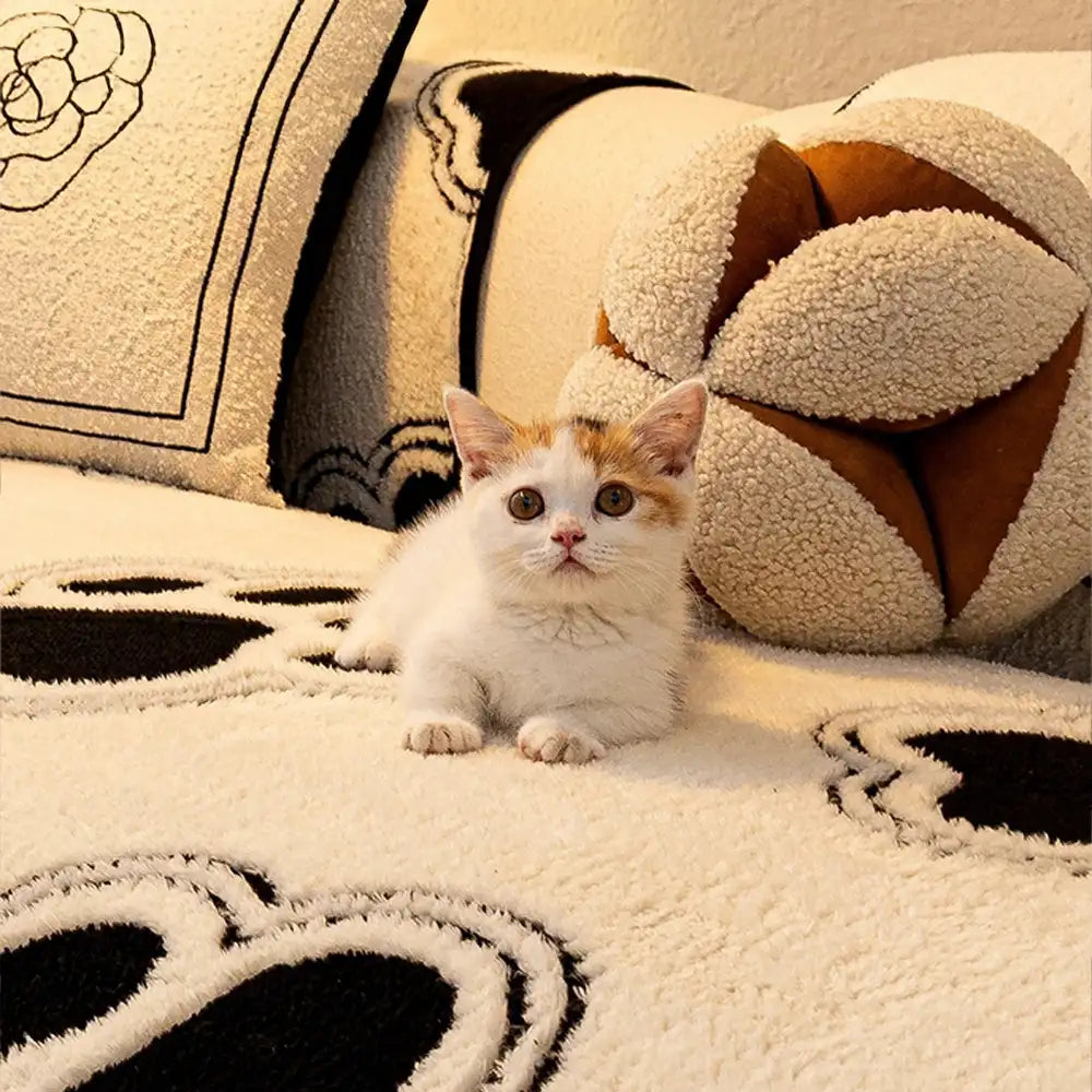 Corner view of a sofa with a paw print polar fleece cover, ideal for pet homes