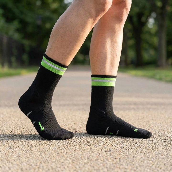 Unisex performance mid-calf compression socks for athletic support, blister prevention, and enhanced circulation during running & cycling.