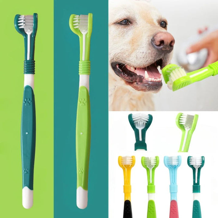 Close-up of 3-sided dental toothbrush, ideal for pet oral hygiene and fresh breath