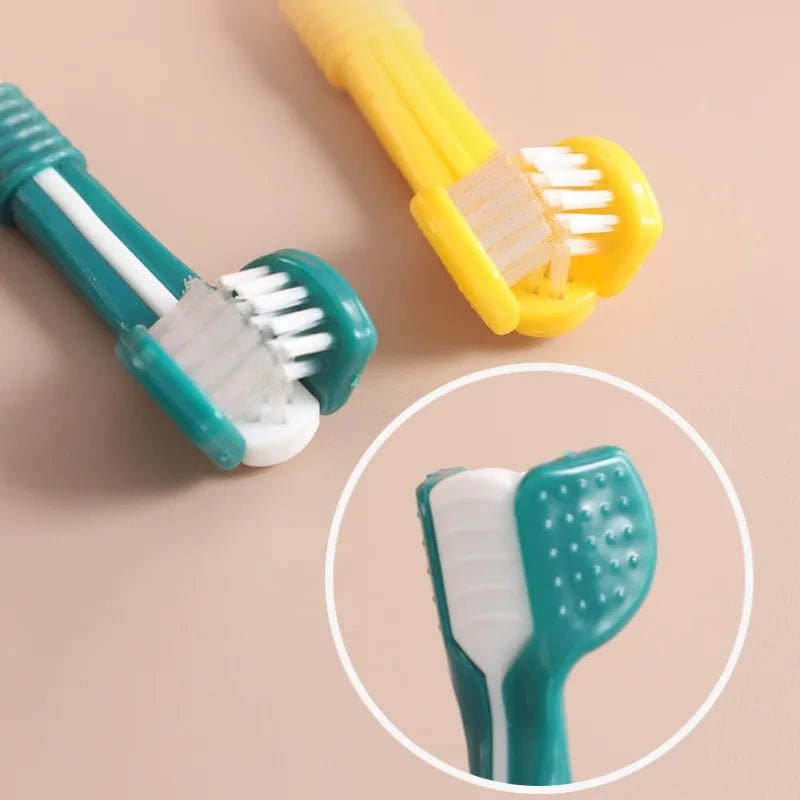 Pet dental toothbrush showing triple brush head for comprehensive cleaning & fresh breath