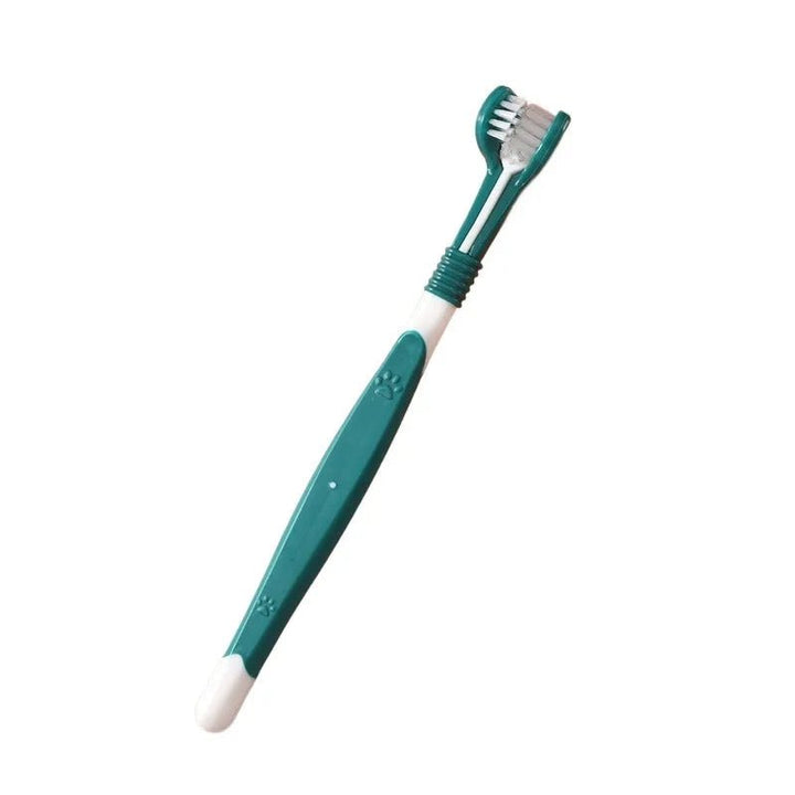 Packaging of 3-sided pet dental toothbrush, highlighting benefits for plaque & tartar control
