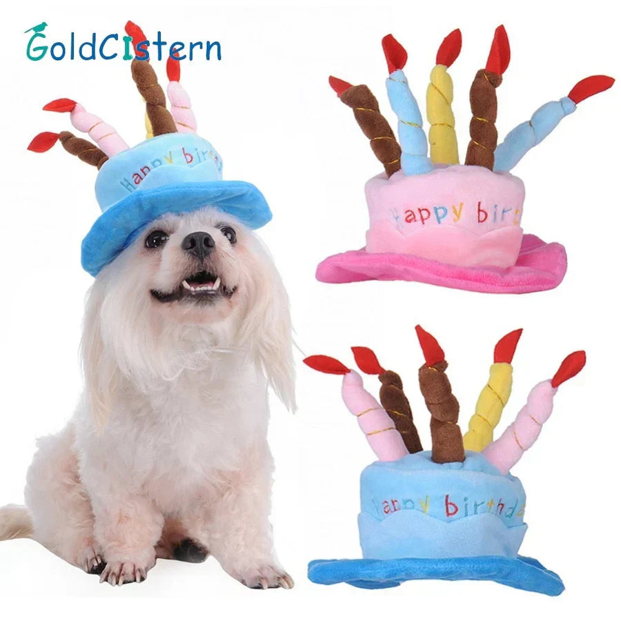 Festive pet birthday hat with pom-pom and elastic chin strap, ideal for a party animal dog or cat
