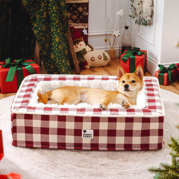 Unisex Pet Calming Tartan Dog Bed, soft plaid design for anti-anxiety pet comfort