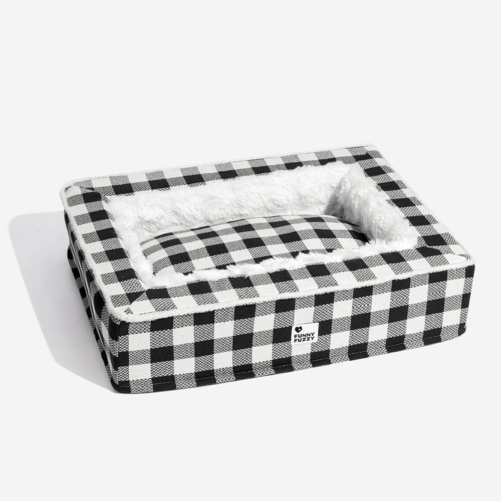 Plaid dog bed, designed for pet comfort and anxiety relief with foam support