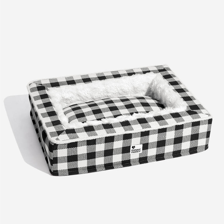 Plaid dog bed, designed for pet comfort and anxiety relief with foam support