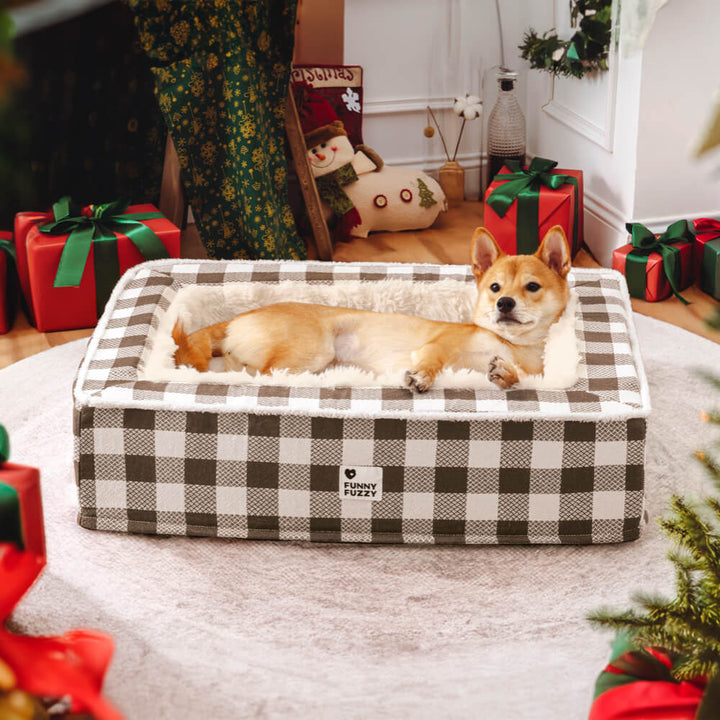 Cozy pet bed, tartan pattern, anti-anxiety features for dog's well-being