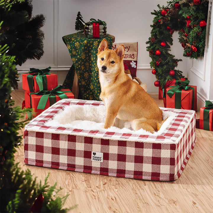 Anti-anxiety dog bed, unisex tartan design, ensuring pet comfort and relaxation