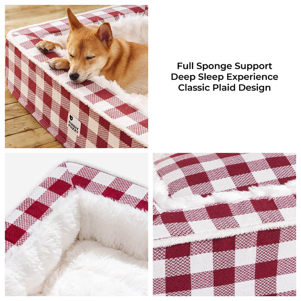 Plaid calming dog bed, unisex design for pet comfort and anxiety relief