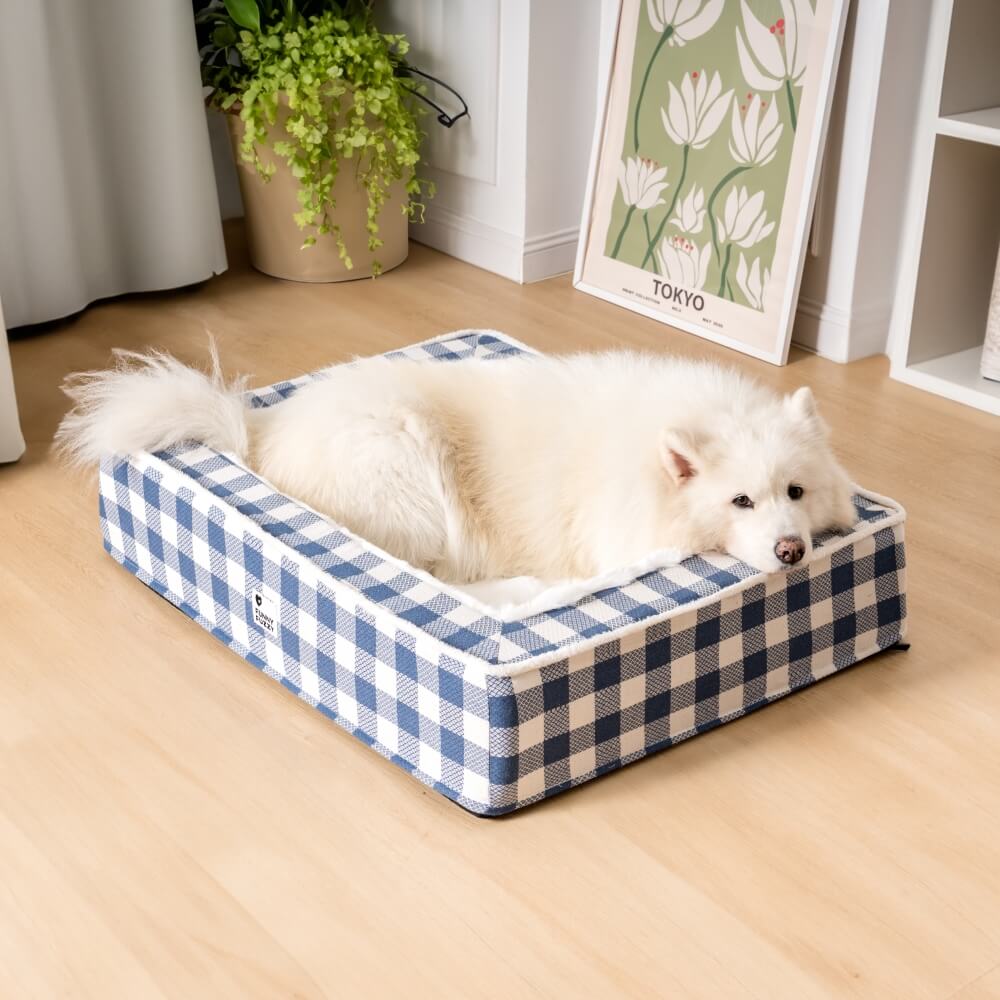 Unisex calming dog bed, high-quality foam support with cozy plaid design