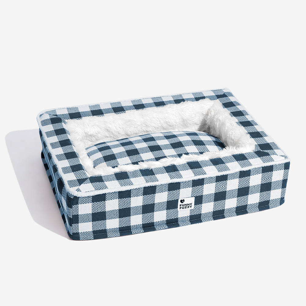 Pet comfort dog bed in a classic tartan style, reduces anxiety for happy pets