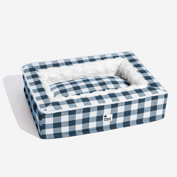 Pet comfort dog bed in a classic tartan style, reduces anxiety for happy pets
