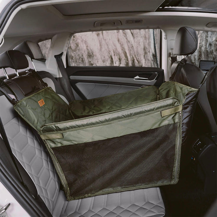 Easy to install: Pet Car Back Seat Extender securing a dog safely in the back seat