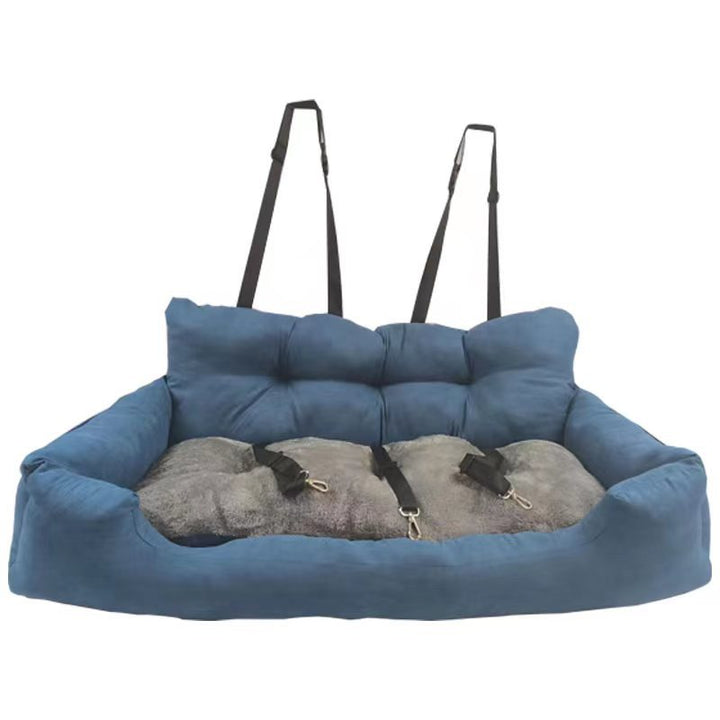 Dog car booster seat on center console, black fabric, fits small pets, ensures safe travel & comfort.