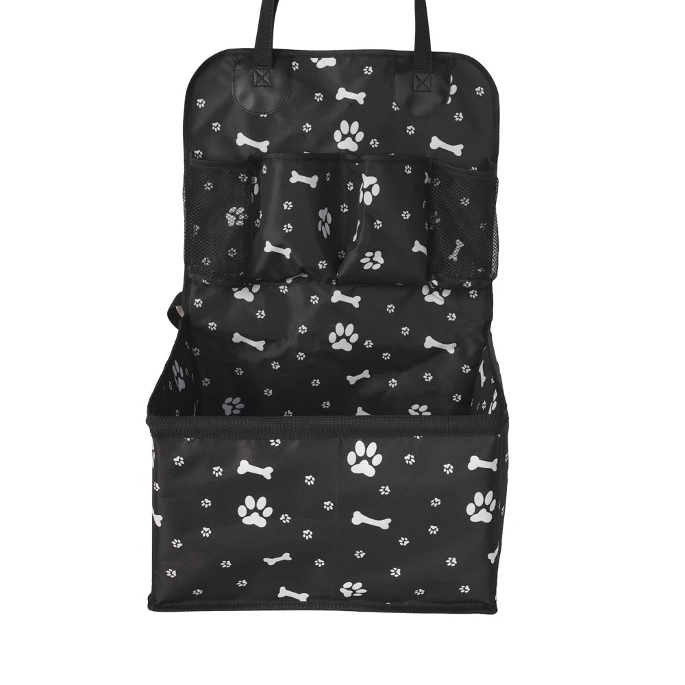 Unisex pet car seat with storage pockets, gray fabric, perfect for small dogs or cats, pet travel safety.