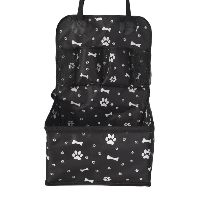 Unisex pet car seat with storage pockets, gray fabric, perfect for small dogs or cats, pet travel safety.