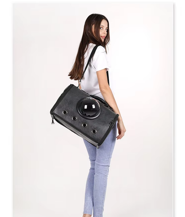 Compact pet carrier bag for small dogs/cats, designed for car use with a transparent viewing dome