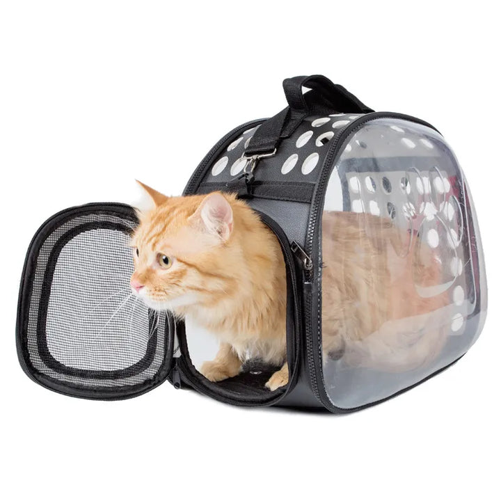Pet carrier bag for small dogs and cats featuring a large viewing window, perfect for car trips