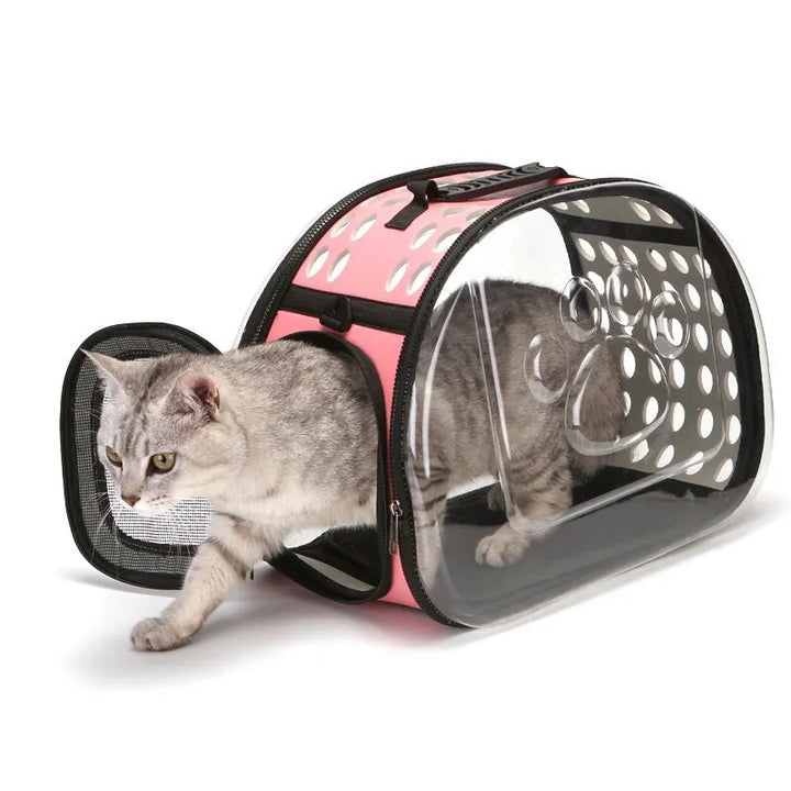 Travel-friendly pet carrier with panoramic viewing window and breathable design, suitable for cars