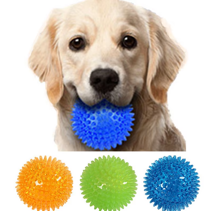 Unisex pet chew ball toy, green, with spiked texture for dog dental care and gum massage.