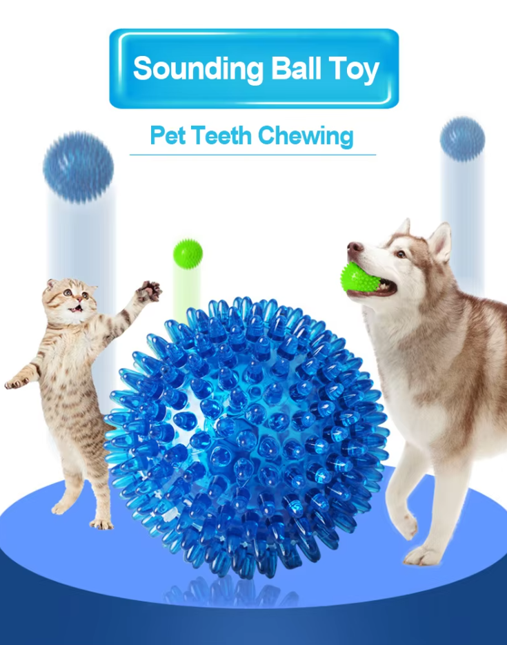 Dog chewing on a durable green pet chew ball, promoting teeth cleaning and reducing plaque.