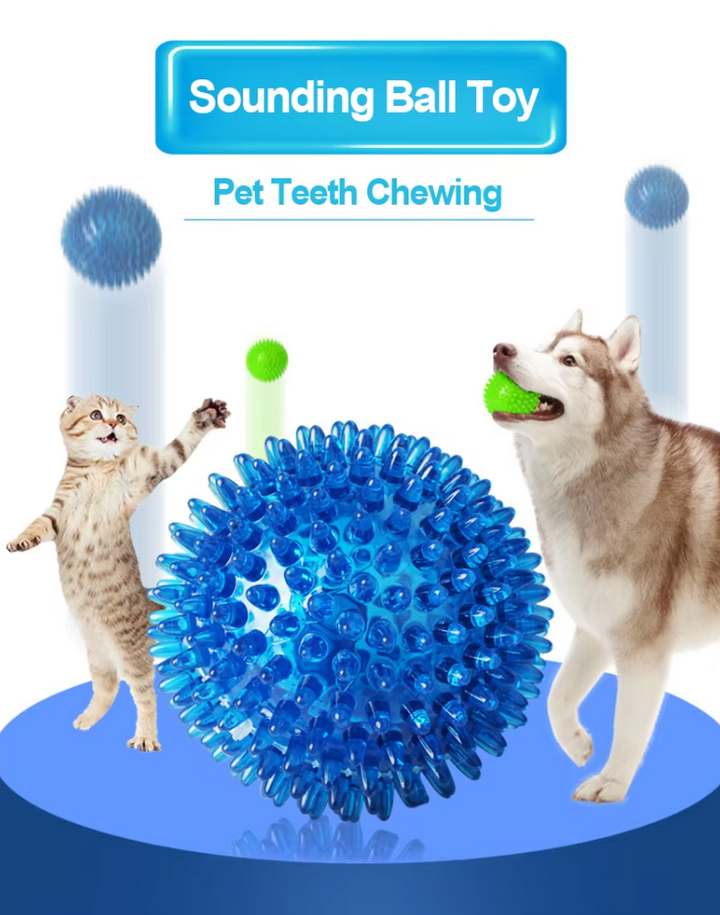 Dog chewing on a durable green pet chew ball, promoting teeth cleaning and reducing plaque.