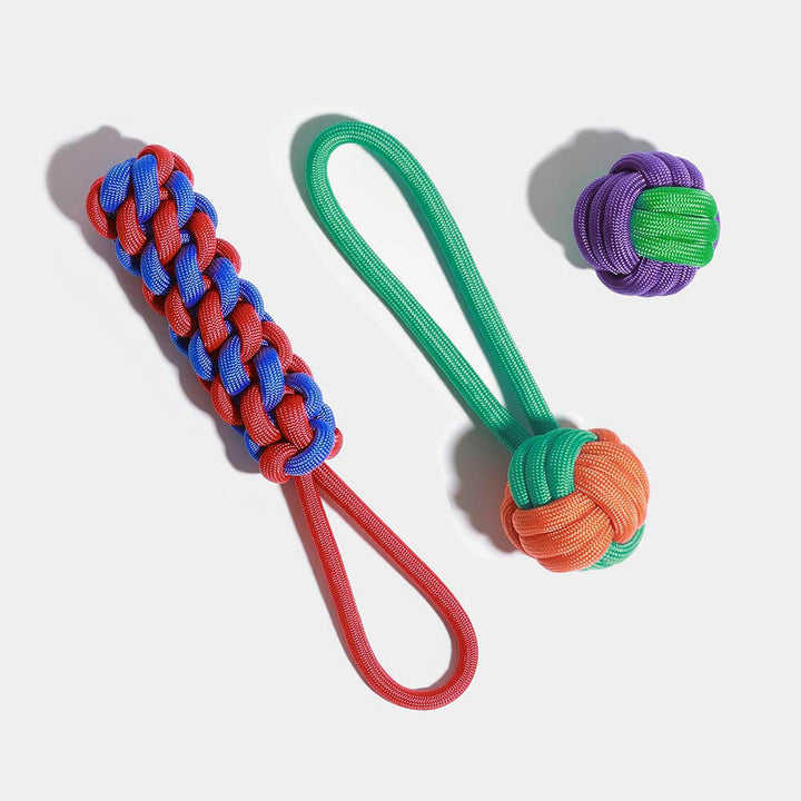 Set of braided rope dog toys, designed for long-lasting chewing and enthusiastic play