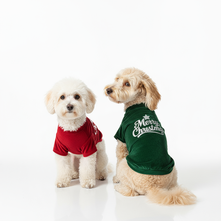 Close-up of dog wearing festive pet Christmas pajamas, showing soft, stretchy material and holiday pattern