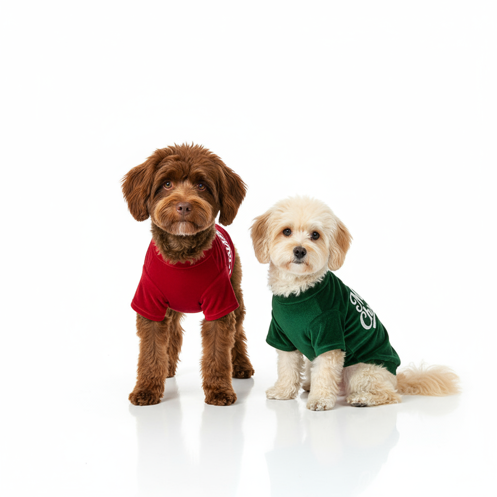 Small dog in full-body Christmas pajamas, red and white, cozy and warm holiday pet apparel