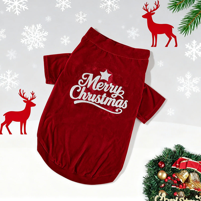 Dog sitting comfortably in soft, stretchy unisex pet Christmas pajamas, perfect winter pet wear
