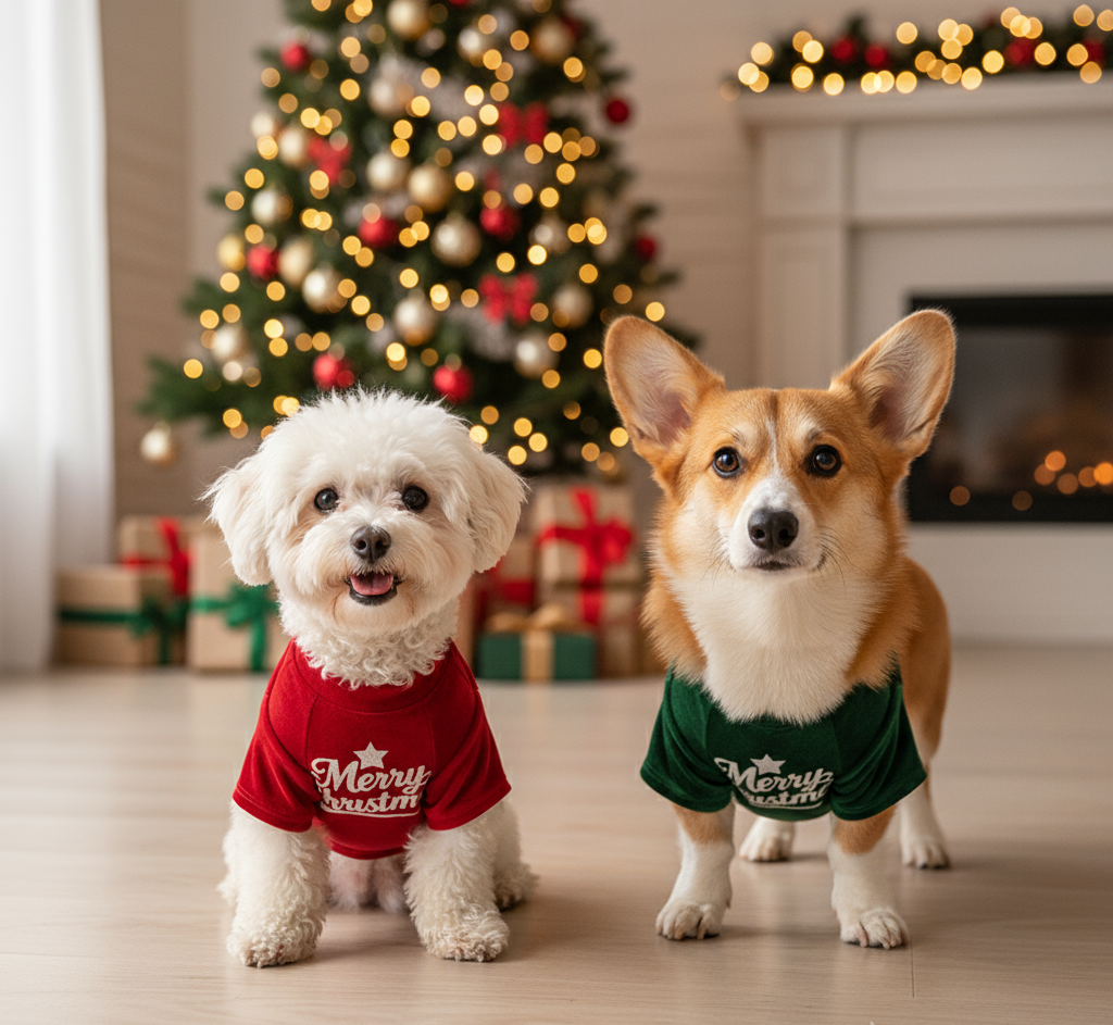 Front view of dog in red Christmas pajamas, featuring festive holiday design and comfortable pet clothing