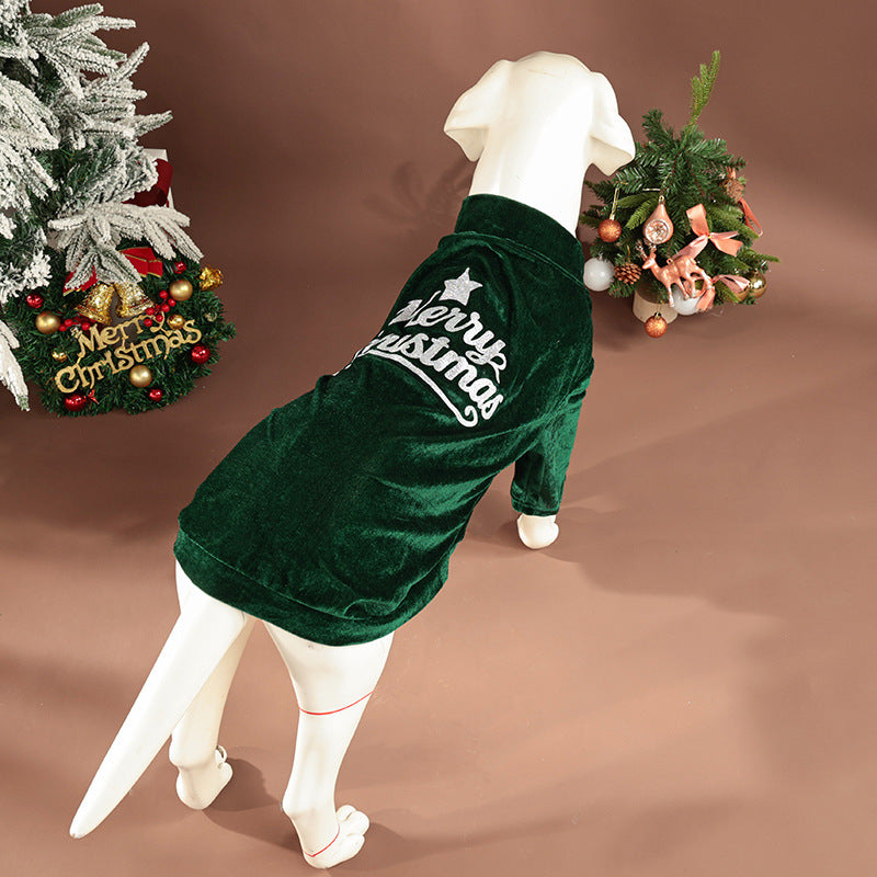Model dog showcasing the flexibility of unisex pet Christmas pajamas, ideal for active play