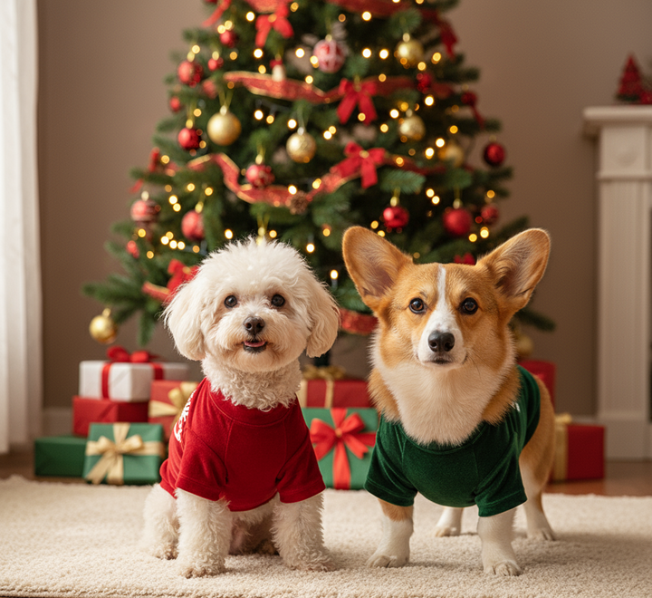 Pet Christmas pajamas folded, highlighting the soft fabric and festive print, dog holiday outfit
