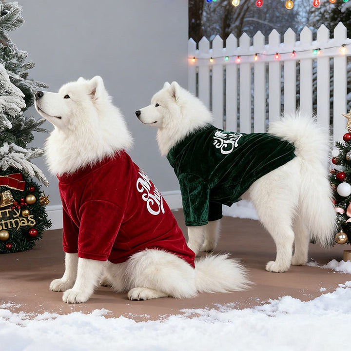 Dog sleeping soundly in warm, stretchy pet Christmas pajamas, cozy winter pet wear for holidays