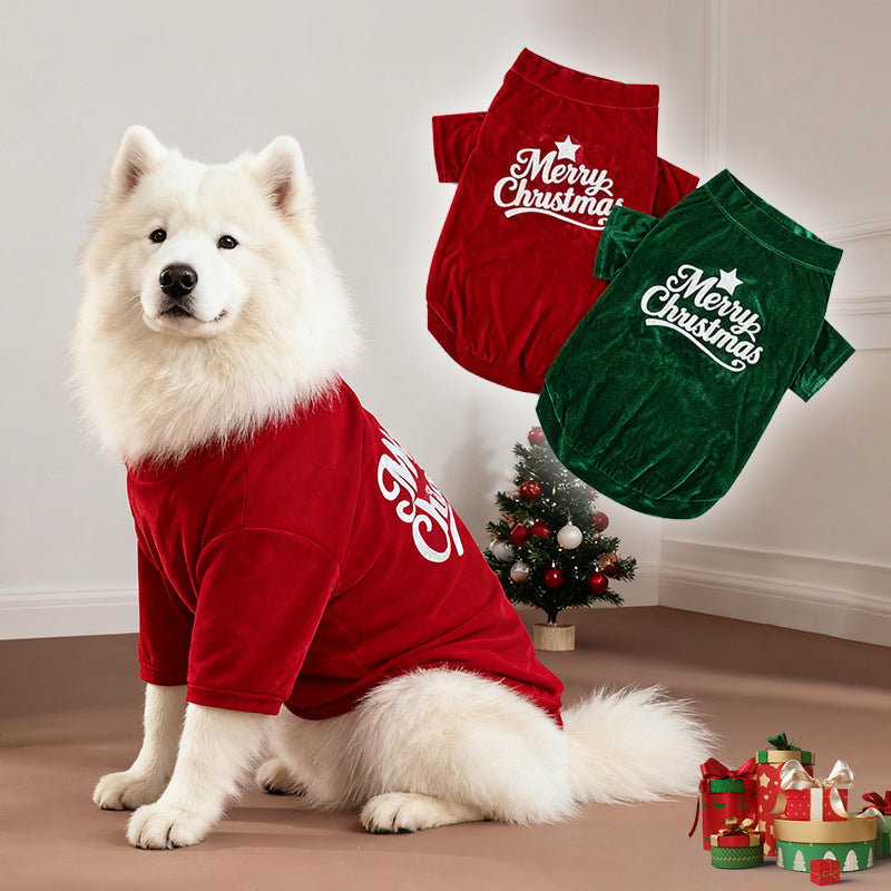 Happy dog wearing red and white Christmas pajamas, celebrating the holidays in comfortable pet apparel