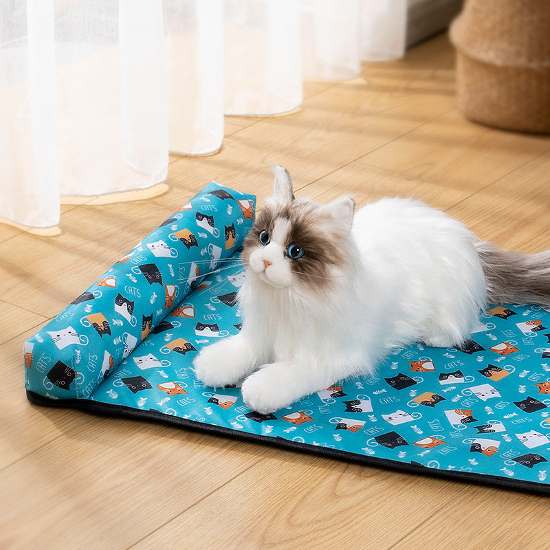 Small dog peacefully sleeping on a blue cooling mat, portable and washable for indoor use