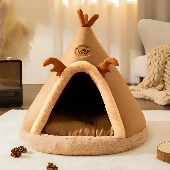 Gray cozy cave pet bed for small dogs & cats, offering a secure and warm sleep retreat.