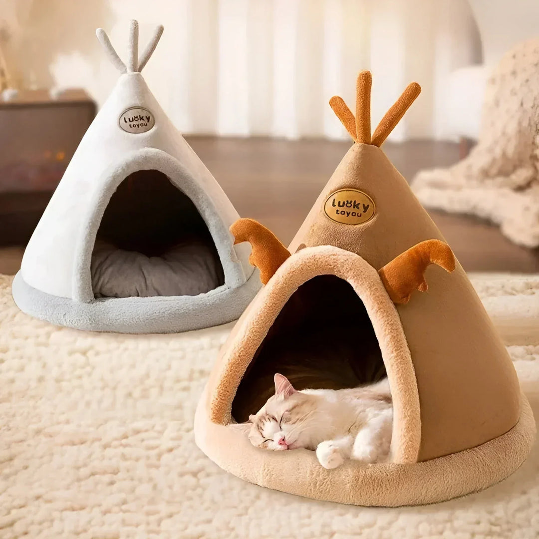 Front view of a cozy cave pet bed, perfect for dogs & cats seeking a sleep retreat.