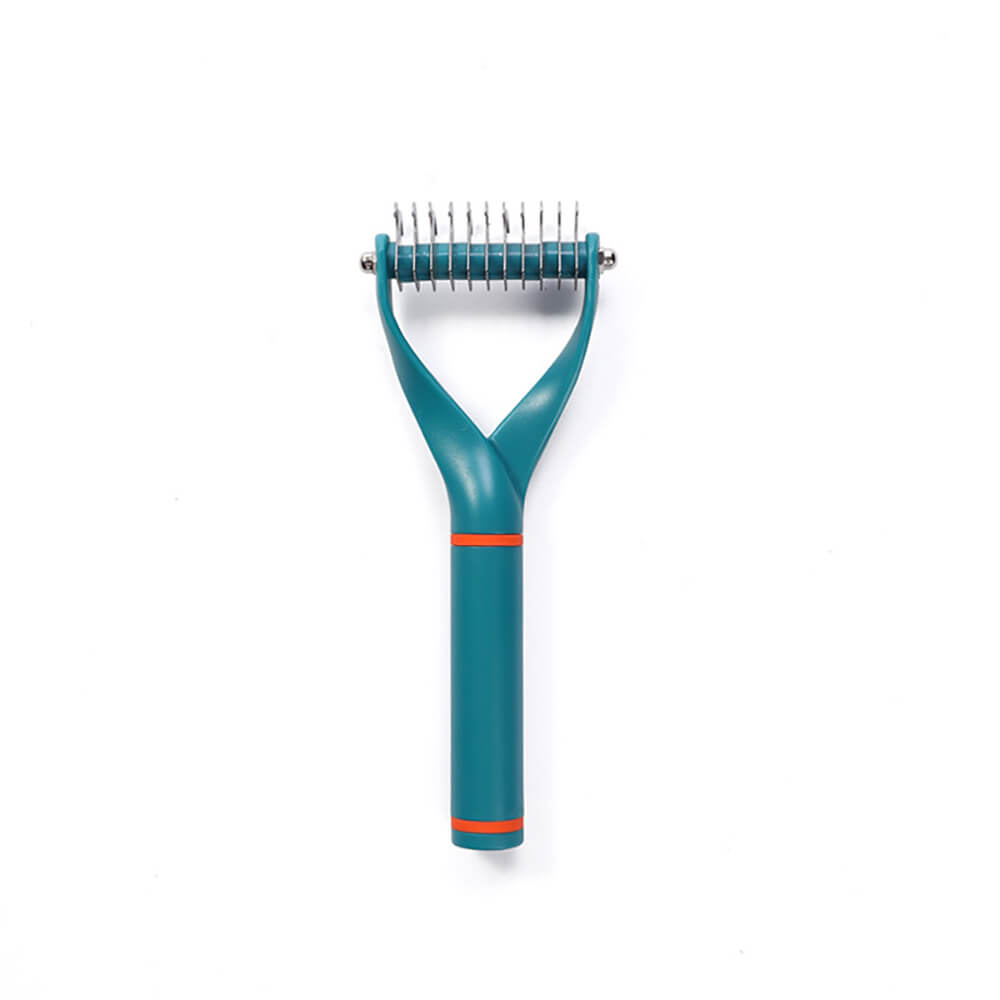 Pet Dematting Comb with rounded teeth for safe pet hair removal, a key pet grooming supply.