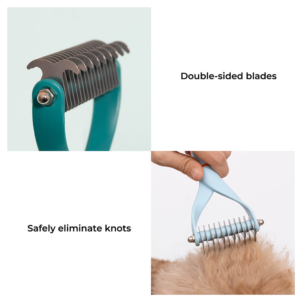 Hand holding a Unisex Pet Dematting Comb, showcasing its comfortable grip for pet hair removal.