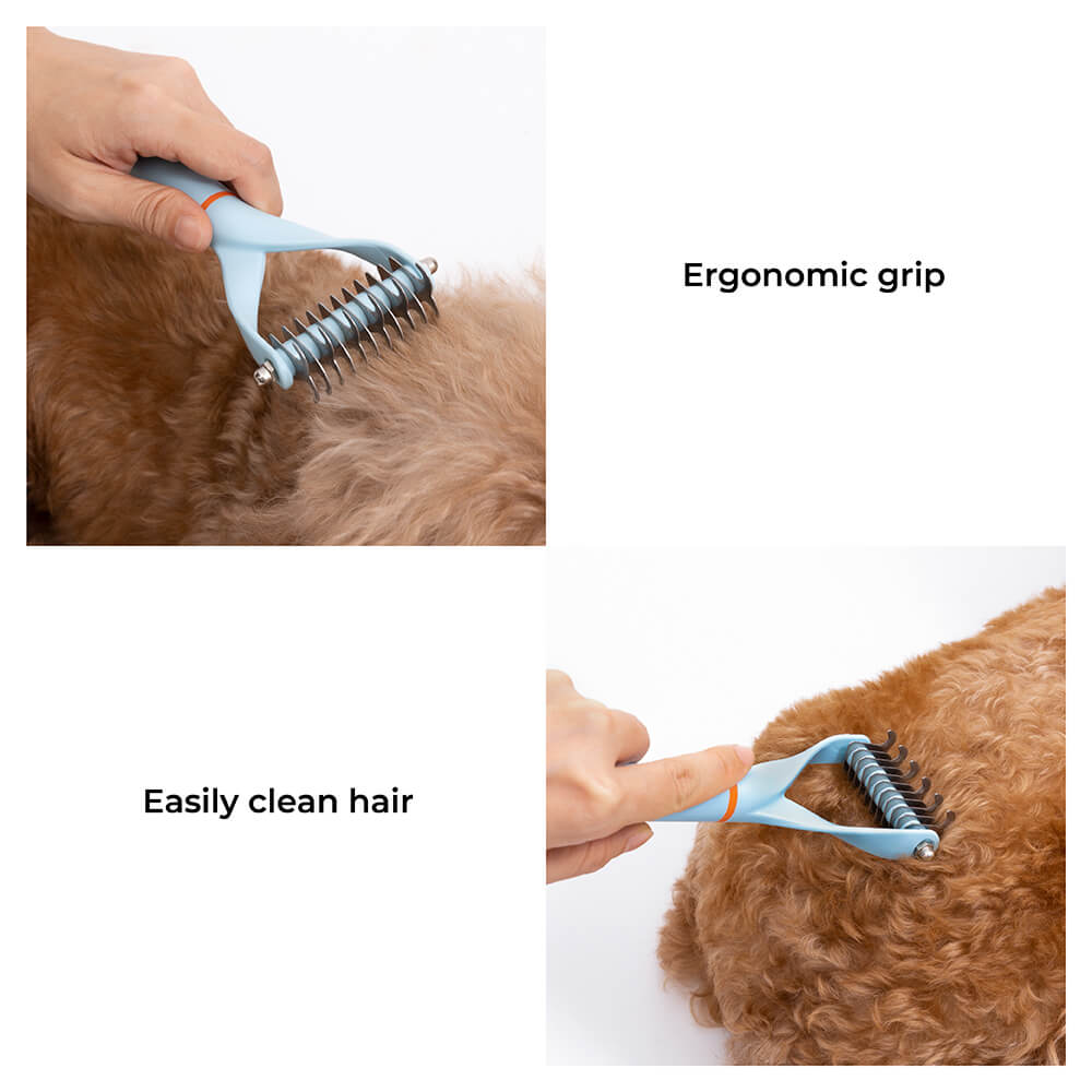 Angle view of a Pet Dematting Comb, highlighting its durable construction for efficient pet hair removal.