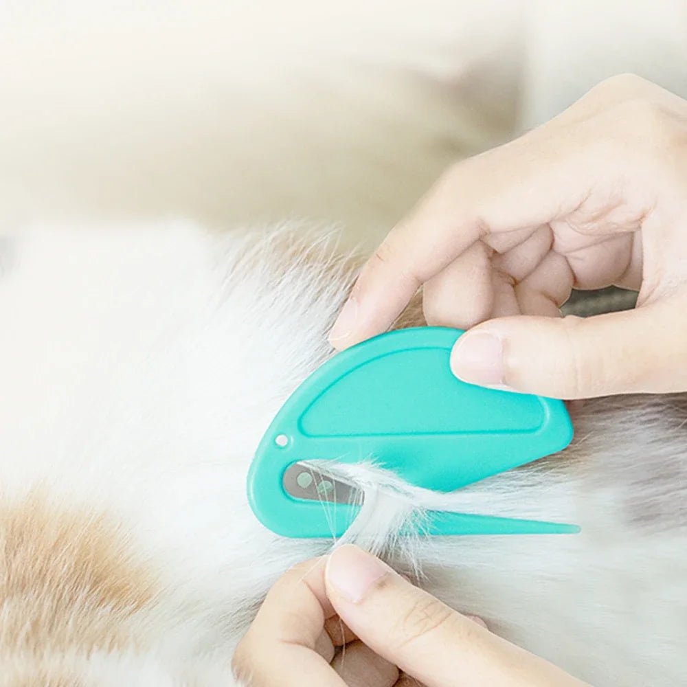 Close-up of pet deshedder brush, ergonomic handle, stainless steel grooming tool