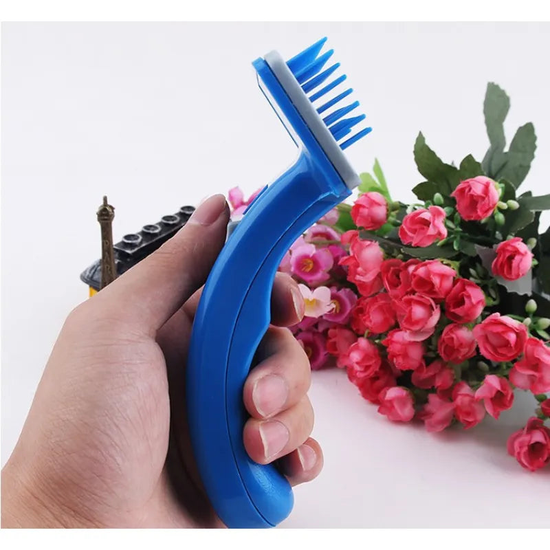 Close-up of pet detangling brush for dogs and cats, showing soft bristles for effective fur care