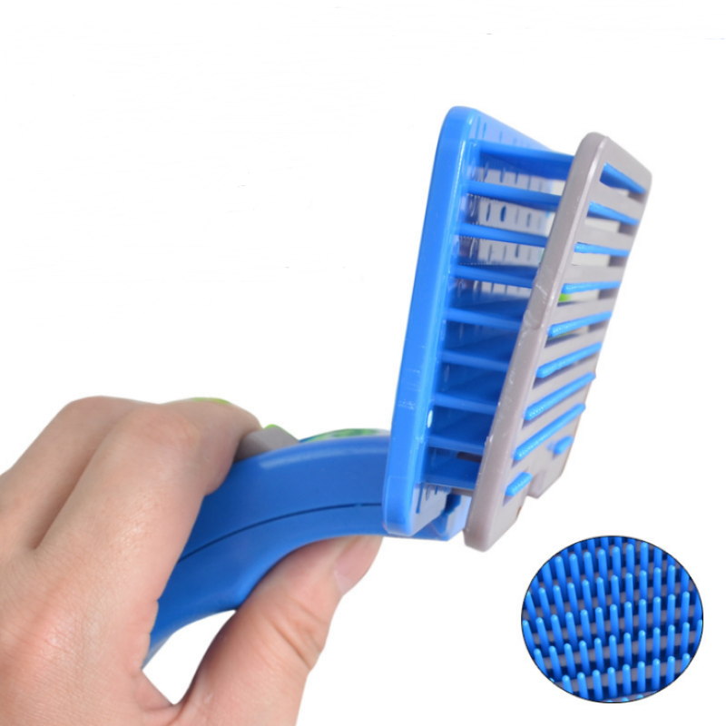 Pet detangling brush with comfortable grip, displayed with dog and cat tags, for animal fur welfare