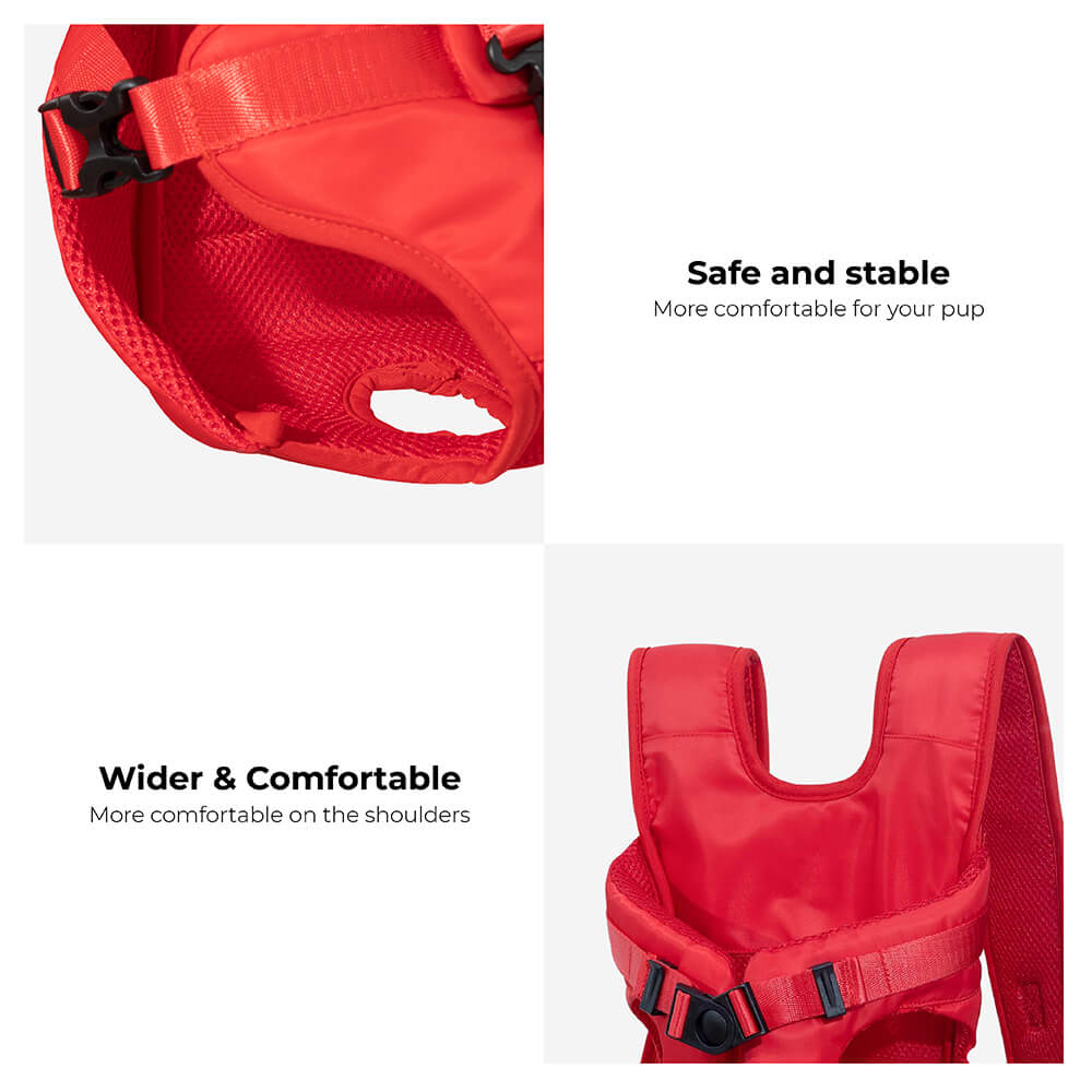 Close-up of adjustable shoulder straps on a pet dog carrier backpack for comfortable wear.