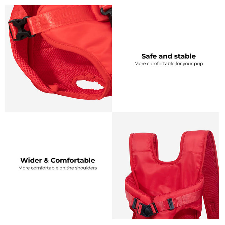 Close-up of adjustable shoulder straps on a pet dog carrier backpack for comfortable wear.