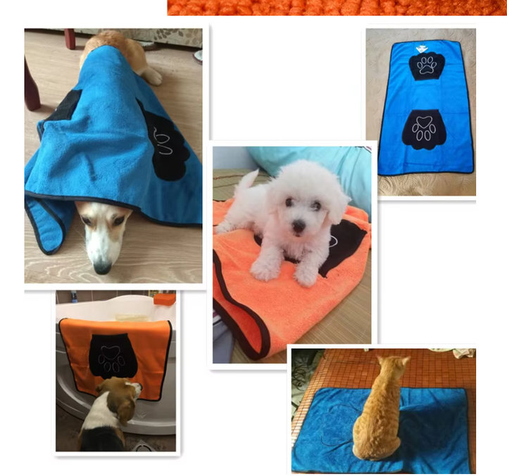Unisex pet drying towel with paw print, super absorbent for quick dry after dog baths.