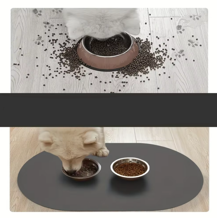 Soft silicone pet feeding mat, non-slip grip keeps bowls in place, hygienic pet care
